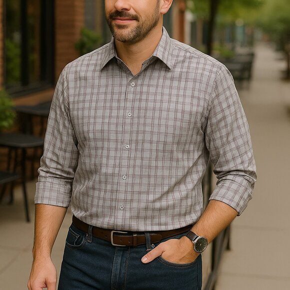 Geoffrey Beene Plaid Button Up Long Sleeve Flex Collar Gray White 16-16  1/2 - Picture 1 of 10